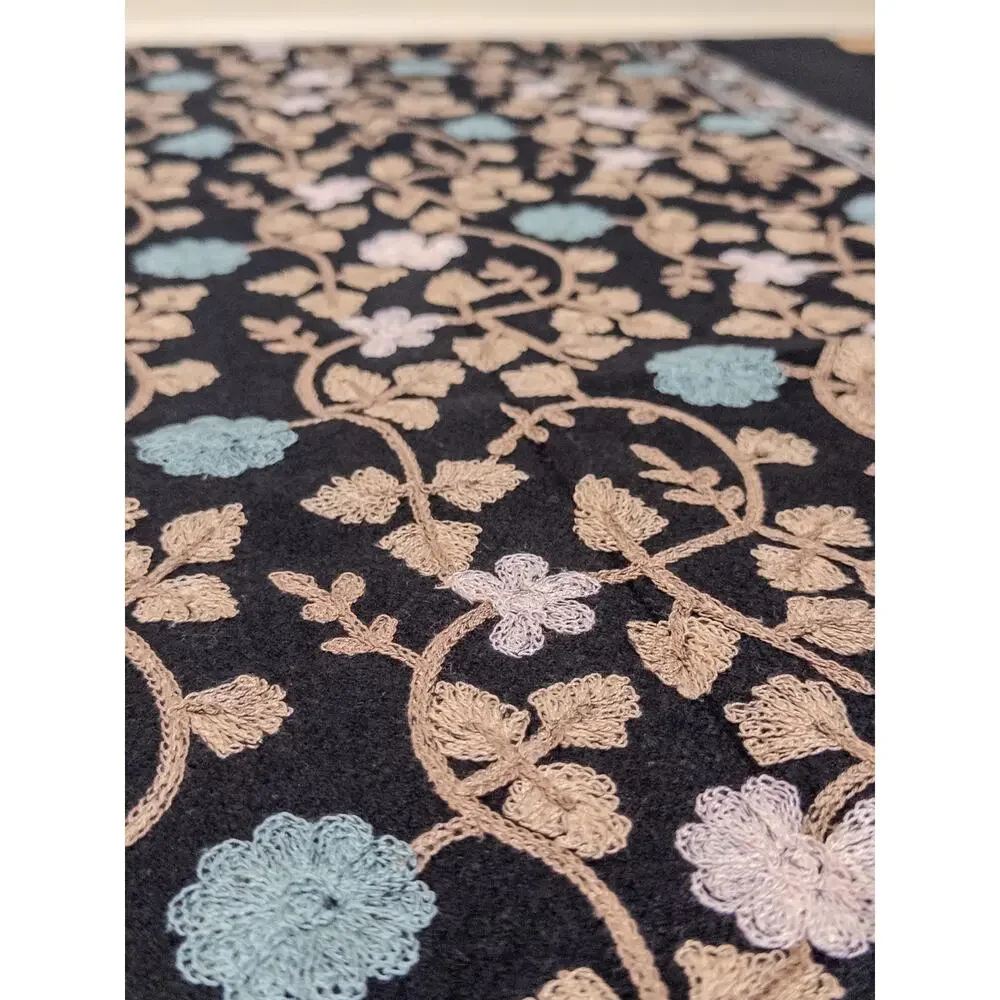 100% Cashmere Embroidered Shawl Wrap Scarf Black Floral Fringe Large